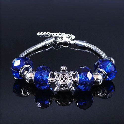Bracelet Tortue En Acier Inoxydable, Perle De Verre Bleu, Pour Femmes, Couleur Argent, Bijoux, Bxs01