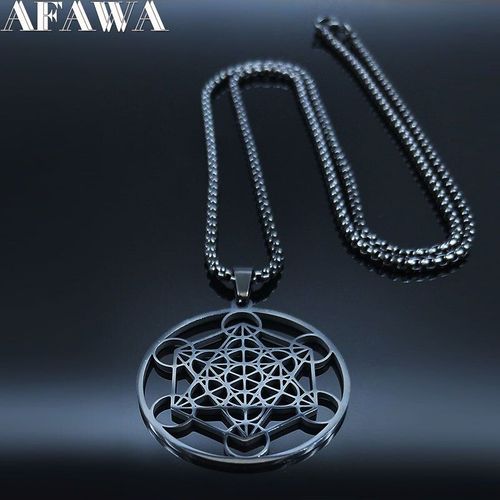 Collier De Yoga Bouddhisme, Fleur De Vie, En Acier Inoxydable, Noir, Long, N620s01