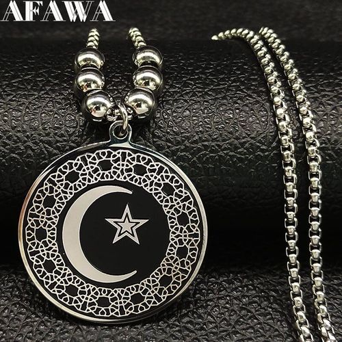 Collier Long À Perles En Acier Inoxydable Pour Femmes Musulmanes, 2021 Perles, Noir, Étoile, Lune, Islam, N1855
