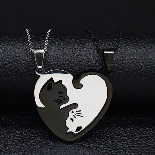 Collier De Couple En Acier Inoxydable Pour Femmes, 2 Pièces, Chat Coupé, Couleur Noir Argent, Bijoux Cadeau De Noël, Gargantilla N19812