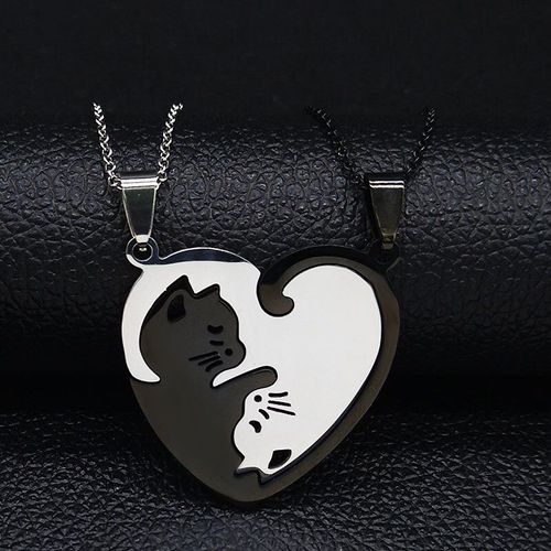 Collier De Couple En Acier Inoxydable Pour Femmes, 2 Pièces, Chat Coupé, Couleur Noir Argent, Bijoux Cadeau De Noël, Gargantilla N19812