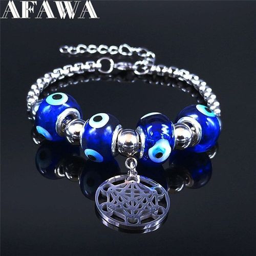 Bracelet De Yoga Fleur De Vie Islamique, Perle De Verre En Acier Inoxydable, Bijoux De Couleur Bleu Argent B3516
