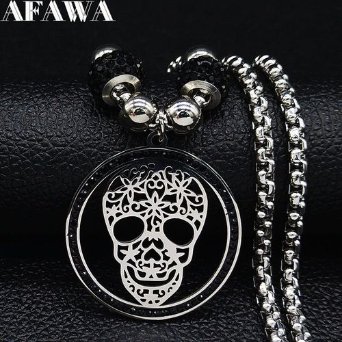 Collier En Acier Inoxydable Et Cristal Noir Pour Femmes, Perle, Couleur Argent, Bijoux Gothiques, Tête De Mort, 2020, N74s01