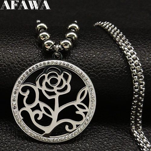 Collier De Déclaration En Acier Inoxydable Avec Fleur De Rose Pour Femme, Bijoux Longs, Couleur Argent, Perle, N153s01