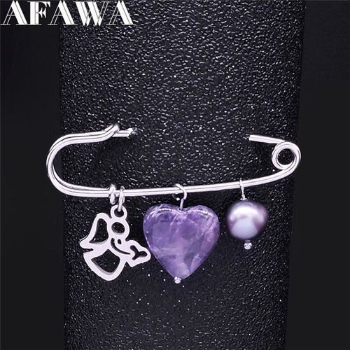 Broche En Forme De C¿Ur En Acier Inoxydable, Bijou De Couleur Argent, Perle D'eau Douce, Violet, Cristal Naturel, Amour, X9000s0