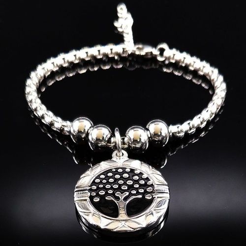 Bracelets En Émail Noir Pour Femmes, Couleur Argent, Arbre De Vie, En Acier Inoxydable, Bijoux, B61430, 2021