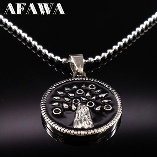 Collier Avec Pendentif Arbre De Vie En Acier Inoxydable Pour Femme, Bijoux En Émail Noir, Couleur Argent, N72225