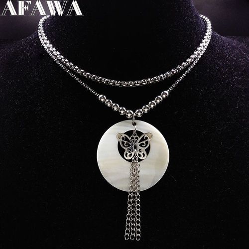 Collier Chaîne En Acier Inoxydable Avec Cloche Papillon Pour Femmes, Double Collier Avec Pompon Argenté, Bijoux Ras Du Cou, N18046