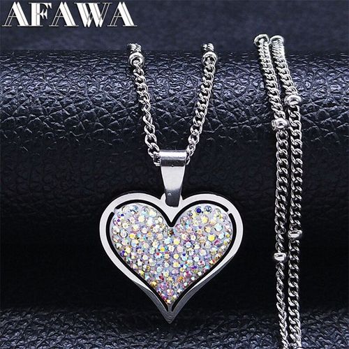 Coeur D'amour En Acier Inoxydable, Petite Chaîne En Cristal Blanc Pour Femmes/Hommes, Colliers De Couleur Argent, Pendentifs Bijoux N8048s01
