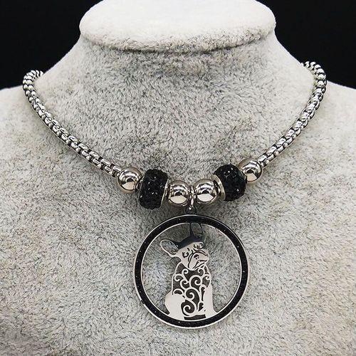Collier Animal Bouledogue Français En Acier Inoxydable Pour Femmes, Noir, Cristal, Perle, Couleur Argent, Bijoux, 2021, N124s01