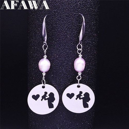 Boucles D'oreilles En Acier Inoxydable Rose Pour Mère Et Garçon, Perle D'eau Douce, Perle De Famille, Couleur Argent, Bijoux Joyas Exs01, 2021