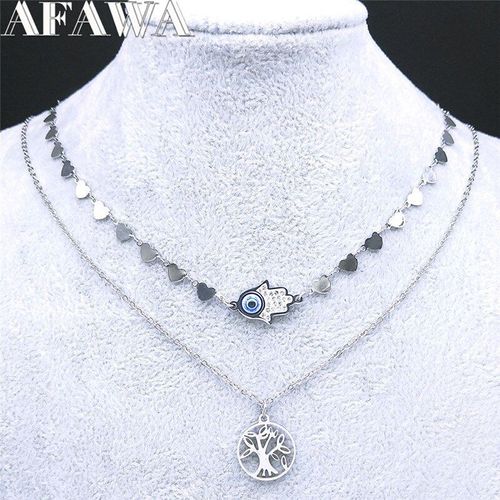 Collier À Main En Acier Inoxydable Avec Motif Arbre De Vie Pour Femme, 2 Pièces, Bijoux Musulmans, Hamsa, Cristal, ¿Il De Turquie, N9012s01