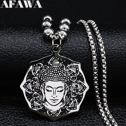 Collier Bouddha De Yoga En Acier Inoxydable Pour Femmes, Long, Couleur Argent, Boho, Perle, N3225