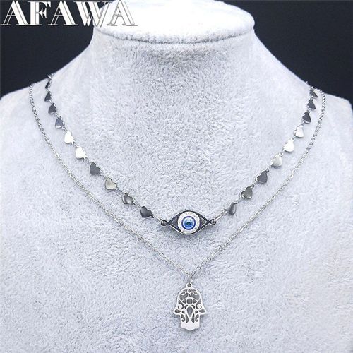 Colliers En Cristal Pour Femmes, 2 Pièces, Yeux Turcs Musulmans, Main Islamique, En Acier Inoxydable, Chaîne En Forme De C¿Ur, Bijoux N9026s01