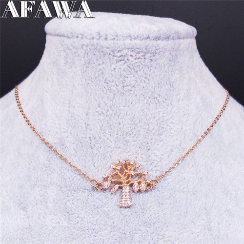 Collier Arbre De Vie En Zircon, Cuivre, Acier Inoxydable, Couleur Or Rose, Bijoux Pour Femmes, N41s01
