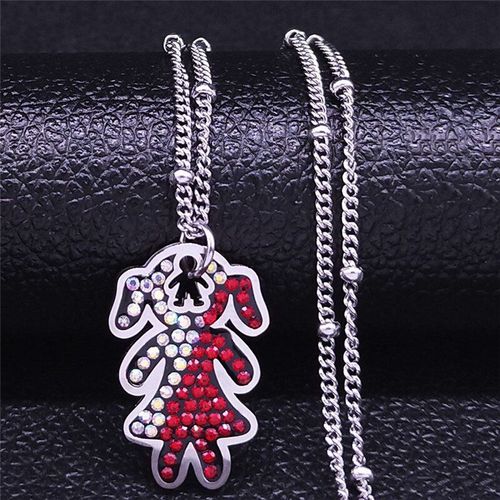 Collier À Breloques En Acier Inoxydable, Cristal Rouge, Couleur Argent, Pendentif D'amour Pour Fille Et Garçon, Bijoux Pour Femmes