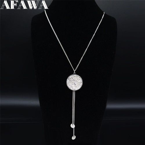 Collier Rond En Cristal En Acier Inoxydable 2021 Pour Femme, Bijou Long Avec Pompon Argenté, N20189