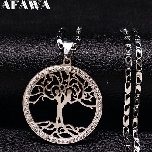 Colliers Ras De Cou Arbre De Vie En Acier Inoxydable Pour Femmes, Couleur Argent, Cristal, Bijoux Colgantes Mujer Moda N27s01