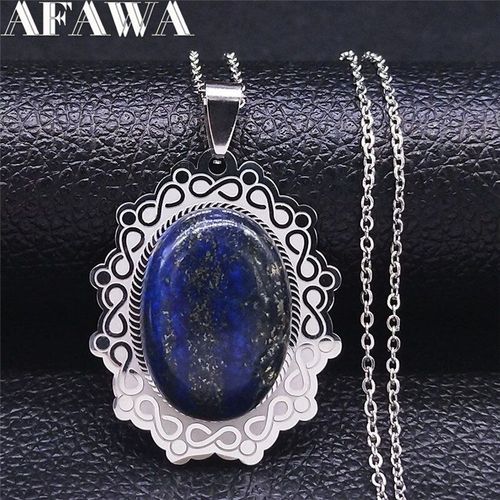 Collier Lapis Lazuli En Acier Inoxydable Pour Femmes Et Hommes, Couleur Argent, Bijoux Ovales, Fleur, Bohème, N2220s0