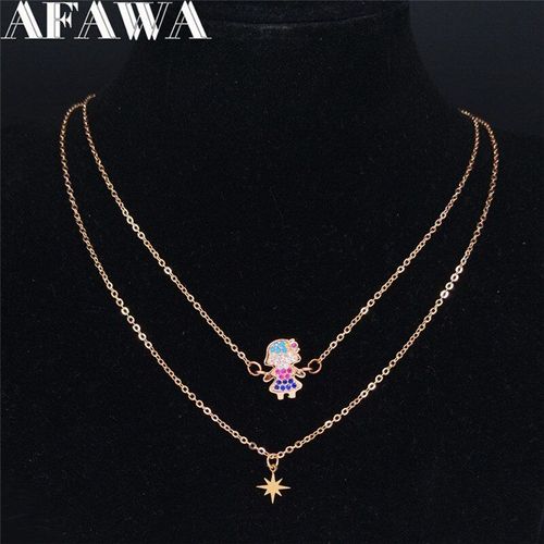Collier En Zircon Et Cuivre Pour Fille, 2 Pièces, Chaîne En Acier Inoxydable, Couleur Or Rose, Bijoux Cadeau De Fête Des Mères, Nc38s01