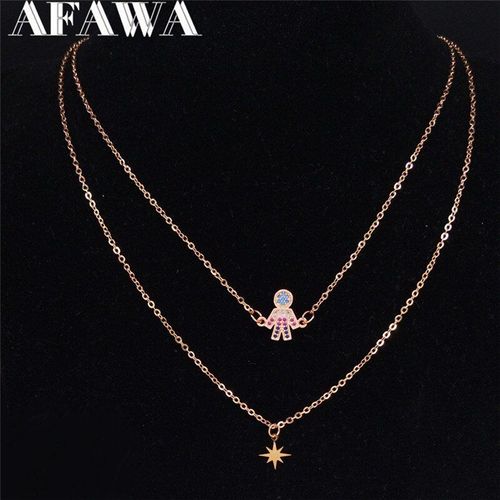 Collier En Acier Inoxydable Pour Garçon Et Femme, 2 Pièces, Zircon, Cuivre, Couleur Or Rose, Bijoux Superposées, Cadeau De Fête Des Mères, Nc37s01