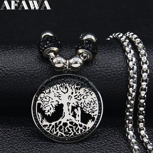 Collier De Déclaration En Acier Inoxydable Pour Femmes, Cristal Noir, Perle D'arbre De Vie D'amour, Couleur Argent, Bijoux Sans Collier, N77s01