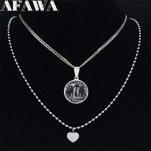 Collier Double Couche En Acier Inoxydable Pour Femmes, Chaîne En Émail Noir, C¿Ur Arbre De Vie, Famille, Bijoux Joyas N1992s01