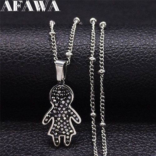 Collier À Breloques En Acier Inoxydable Pour Femme, Chaîne En Cristal Noir, Couleur Argent, N4876s01