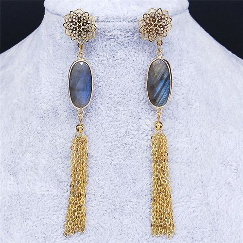 Boucles D'oreilles En Forme De Fleur De Labradorite Pour Femmes, En Acier Inoxydable, Couleur Or, Longues Pampilles, Bijoux Pendiente E11s01, 2021