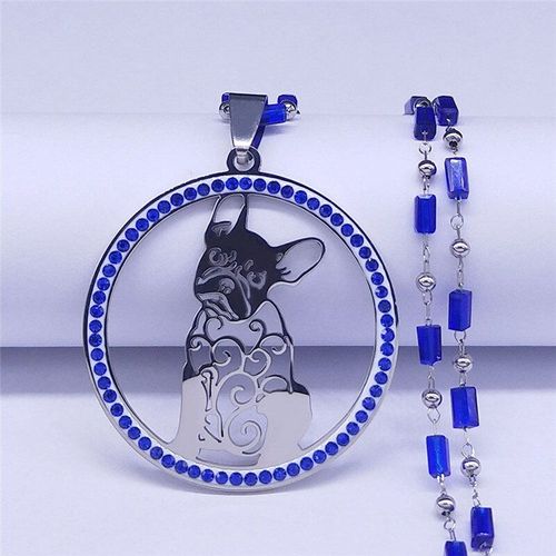 Collier À Breloques En Acier Inoxydable Pour Femme, Bouledogue Français, Bleu, Cristal, Rond, Couleur Argent, Bijoux, Chaînes, Nxs01