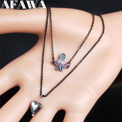 Collier Chaîne En Acier Inoxydable Pour Femmes, 2 Pièces, Zircon Cuivre, Couleur Noire, Coupe Garçon, Collier Superposé, Bijoux, Nc2s01