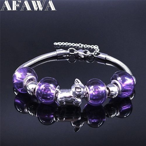 Bracelet À Breloques En Acier Inoxydable Pour Femme, Bijou Avec Motif Lapin Violet, Couleur Argent, Bxs01