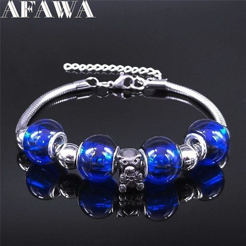 Bracelets En Acier Inoxydable Pour Femmes, Ours Animal, Perles En Verre Bleu, Couleur Argent, Bijoux, Bxs01, 2021