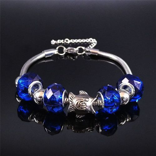 Bracelets À Breloques En Perles De Verre Bleu, En Acier Inoxydable, En Forme De Poisson Allah, Couleur Argent, Pour Femmes, Bxs01