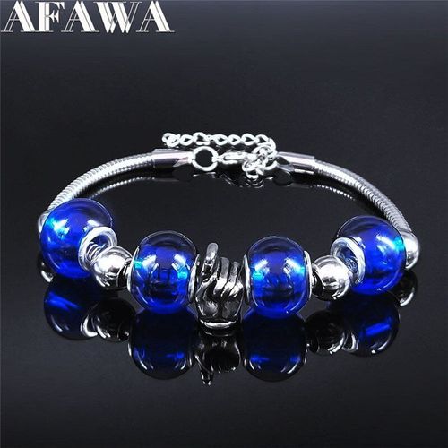 Bracelets À Breloques En Verre Bleu Et Acier Inoxydable Pour Femmes, Chaîne Argentée, Bijoux, Bxs01, 2021