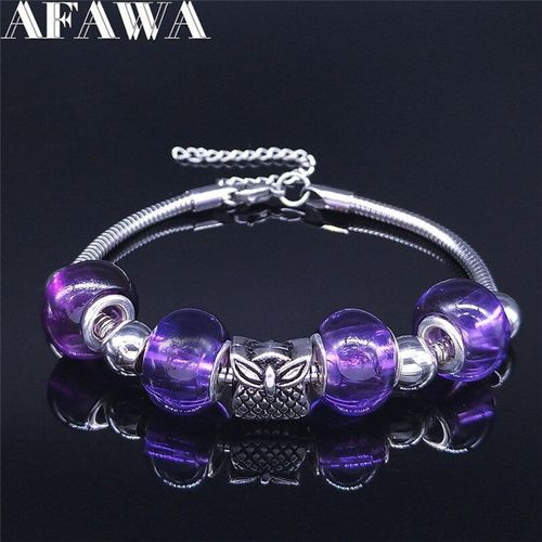 Bracelet En Acier Inoxydable Couleur Argent Pour Femme, Bijou, Hibou, Animal, Verre Violet, Bxs01