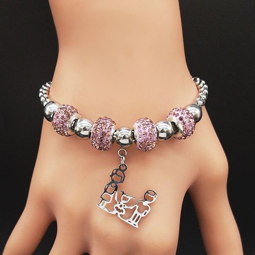 Bracelet En Acier Inoxydable Et Cristal Rose Pour Femme, Bijou De Famille Papa Et Maman Gril, Chaîne De Couleur Argent, B18537, 2021