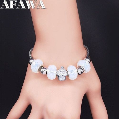 Bracelets En Pierre De Lune En Forme De Champignon Pour Femmes, Chaîne De Perles En Acier Inoxydable, Couleur Argent, Bijoux Bxs01