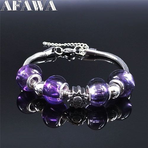 Bracelet En Acier Inoxydable Violet Pour Femmes, Perles De Verre, Couleur Argent, Bijoux, Bxs01