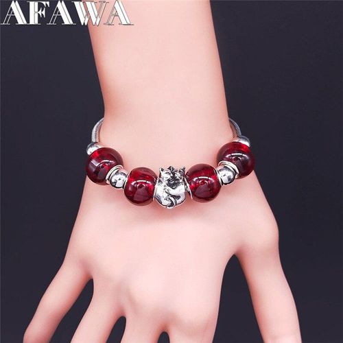 Bracelet En Acier Inoxydable Pour Femmes, Perle De Verre Rouge, Chat Coupé, Couleur Argent, Bijoux, Bxs01