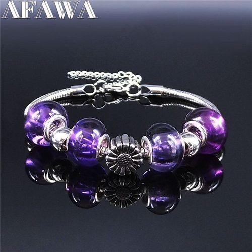 Bracelet En Acier Inoxydable Couleur Argent Pour Femmes, Fleur De Tournesol, Perle De Verre Violet, Bijoux, Bxs01