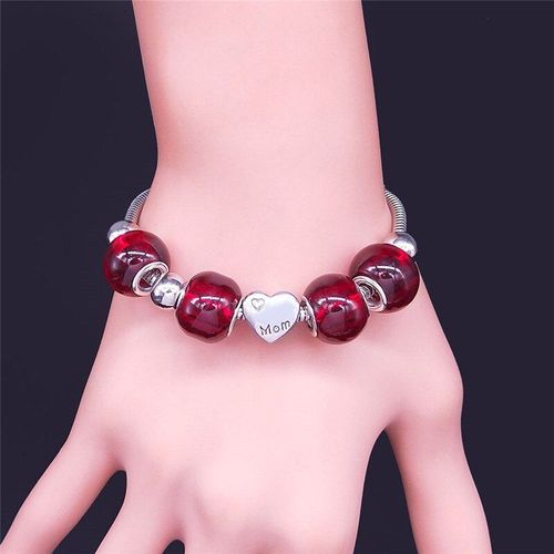 Bracelet En Acier Inoxydable Avec Perles De Verre Rouge, Bijoux Couleur Argent, Bxs01