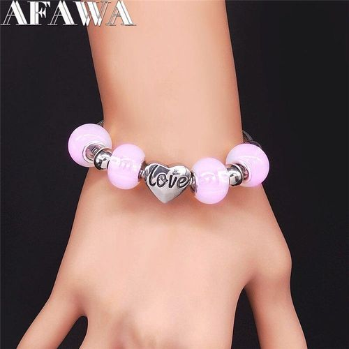 Bracelet En Acier Inoxydable Avec Perles De Verre Rose Pour Femme, Bijou De Charme, Couleur Argent, Bxs01