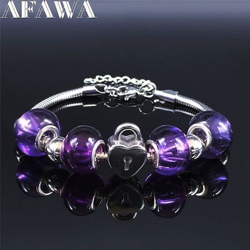 Bracelet En Acier Inoxydable Avec Serrure En Forme De C¿Ur Pour Femme, Bijou En Verre Violet, Couleur Argent, Bxs01