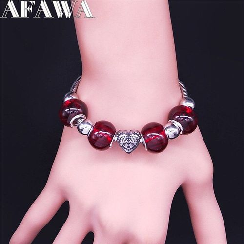 Bracelet Ailes En Forme De C¿Ur Pour Femmes, Perle En Verre Rouge, Acier Inoxydable, Couleur Argent, Bijoux, Bxs01