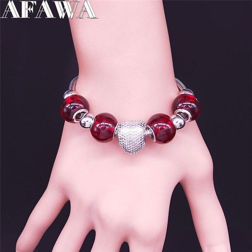 Bracelet Rond En Acier Inoxydable Pour Femmes, Perle De Verre Rouge, Chaîne Couleur Argent, Bijoux, Bxs01
