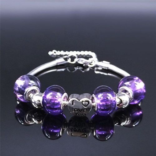 Bracelet Chaîne En Acier Inoxydable Pour Femmes, Bijou En Verre Violet, Couleur Argent, Bxs01