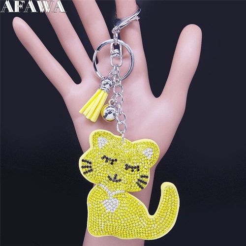 Porte-Clés Avec Pompon En Cristal Pour Femmes, Bijoux De Charme, Jaune Et Argent, À La Mode, Llavero Gato Kxs01