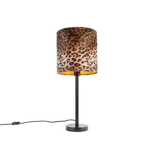 Qazqa Moderne Moderne Tafellamp Zwart Met Kap Luipaard 25 Cm - Simplo Acier /Tissu Imprimã© Lã©Opard,Noir Cylindre / Lampe De Bureau / Luminaire / Lumiere / ÃClairage / Intã©Rieur / Salon...