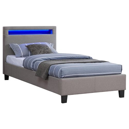 Lit Simple Pour Adulte Ou Enfant Molina Avec Sommier 90x190 Cm 1 Place 1 Personne, Tête De Lit Avec Led Intégrées, En Tissu Gris